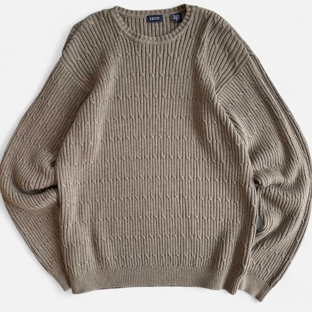 Izod Tan Brown Chunky Cozy Slouchy Cotton Knit Grandpa Sweater